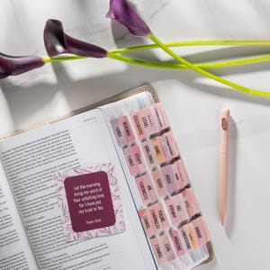 Pu&ograve; includere: Bibbia aperta con linguette rosa e pesca, una penna abbinata e una scheda decorativa con testo. Le linguette sono etichettate con i nomi dei libri. Le calle viola sono sullo sfondo.