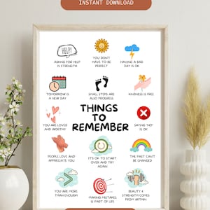 May include: A framed print with the words "Things to Remember" and various inspirational icons and phrases. The print includes a sunflower, rainbow, and the text "Instant Download". The artwork is displayed in a light-colored wooden frame.
