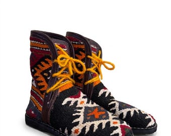Authentic Handmade Berber Boots – Moroccan Kilim Ankle Boots with Tribal Patterns