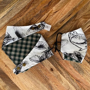 Owl/Green Plaid -- Pet Bandana-- Matching Masks Available