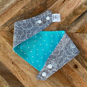 Dog Bandana --Grey Roses with Teal Polka Dots -- Matching Mask Optional