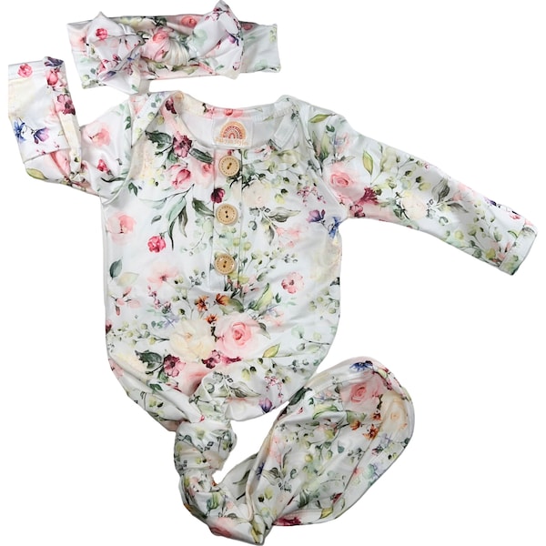 NEW**  Newborn Peony Garden knotted gown and bow set