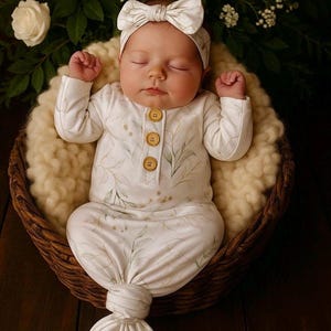 NEW**  Newborn Eucalyptus knotted gown and headband set