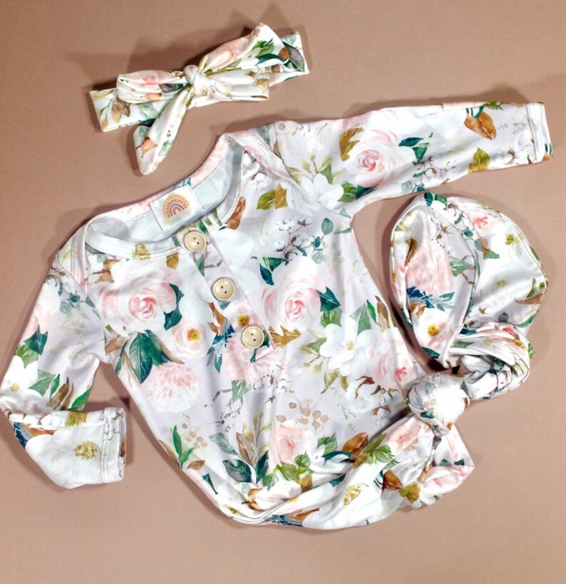 Pink Garden Baby Gown and Bow Set Etsy