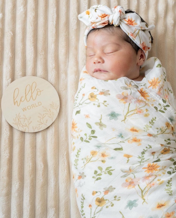 4 Piece Floral Set 100 Organic Muslin Swaddle Set With Matching Modal Hat Bow and Wooden Welcome World Sign. Etsy
