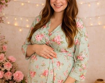 Floral Maternity Robe: Soft Pregnancy Gown with Pockets