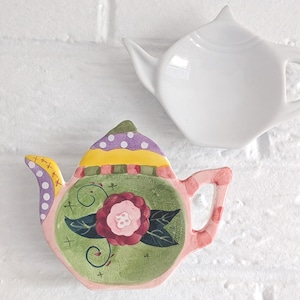 Hand Painted FLORAL & WHITE Figural Teapot Tea Bag Holder, Tea Bag Rest, Teabag Cozy, Teaspoon Rest, SET of 2