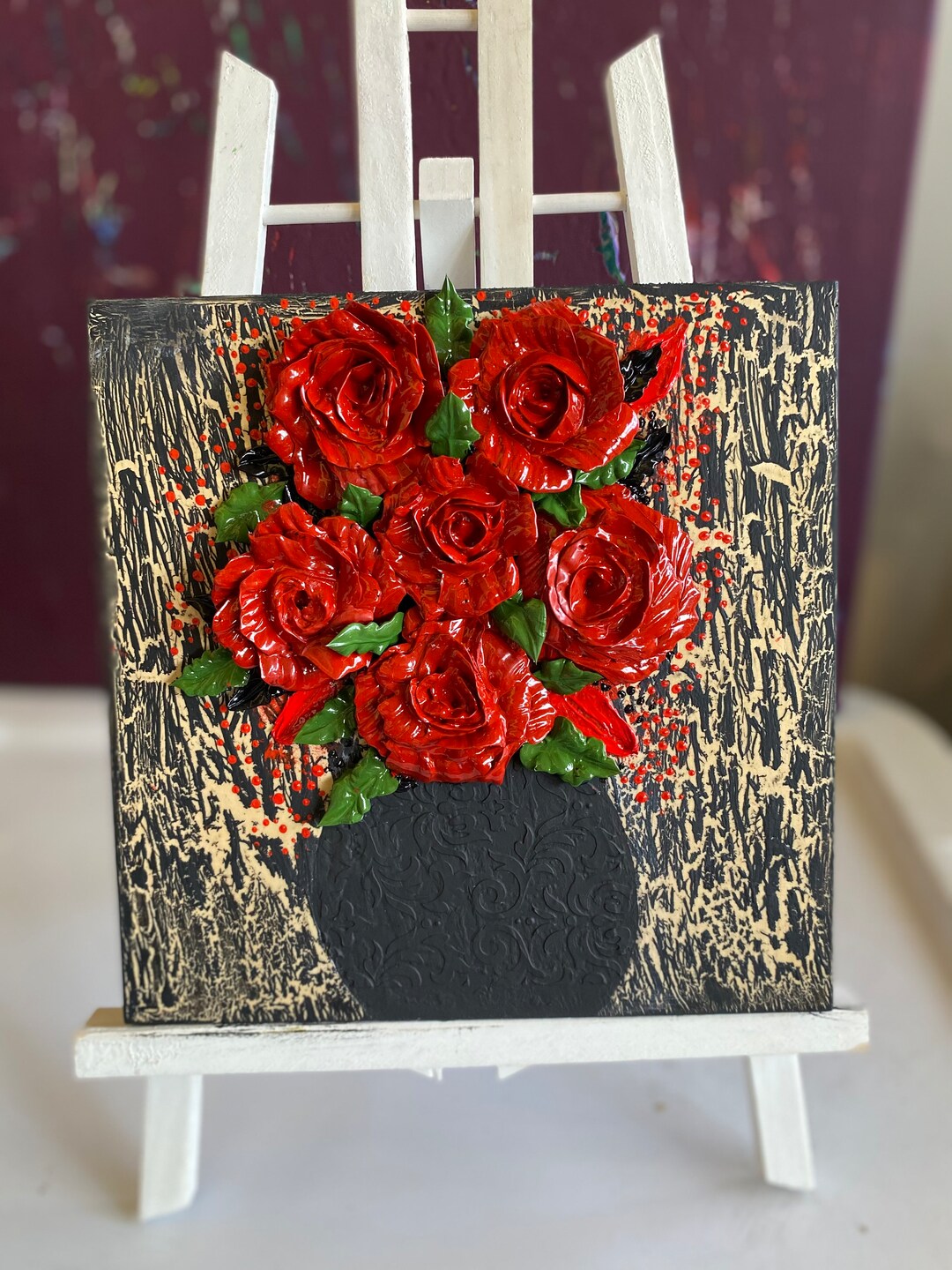 Red Roses Painting, Handmade Floral Art, 8x8 Wood Canvas - Etsy