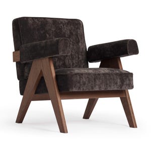 Jeanneret Upholstered Mid Century Chandigarh Lounge Chair In Chocolate Brown Mohair Velvet — Crafted In Italy