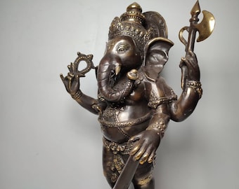 Ganesha on Lotus, Bronze Ganesha Statue, Handmade Ganesha, Ganesha Idol, Decorative Ganesha, Ganesha on Altar, Rare item, 15.7 inch