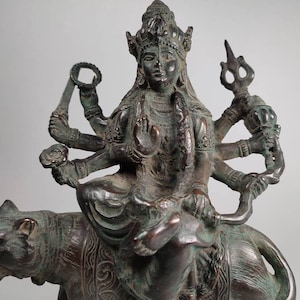 Bronze Mahakali Goddess, Mahakali Sitting on Tiger, Mahakali Statue, Goddess of Destruction, Mahakali Figurine, Spiritual Gift, 9 inch