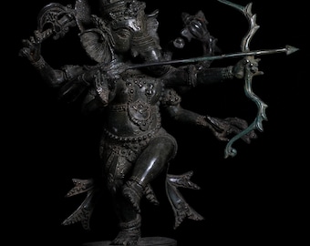 Antique Statue, Bronze Ganesh Statue, Dancing Ganesha on Lotus, Ganesha Idol, Decorative Ganesha, Ganesha on Altar, Rare Item, 15.3 inch