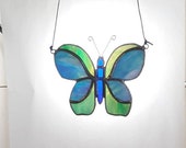 Butterfly stained glass suncatcher, Blue and Green opalescent