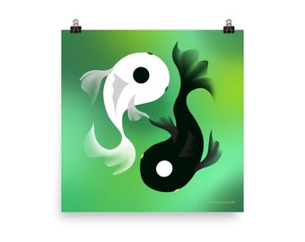 May include: A black and white yin yang symbol depicted as two fish swimming in opposite directions against a green gradient background.