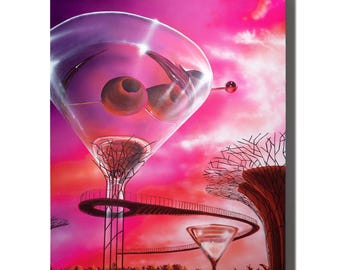 May include: A surreal painting of a giant martini glass with olives, set against a pink and purple sunset sky. The glass is perched on a tall, thin stem, with a walkway leading to a smaller martini glass in the distance.