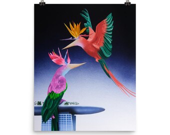 May include: A vibrant art print featuring two stylized birds with long beaks and colorful plumage. One bird is pink and green, perched on a platform. The other is red and green, with a long tail, set against a gradient blue and black background.