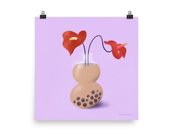 Creative boba and floral illustrated print for kitchen or office wall art