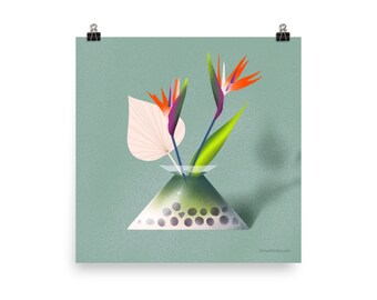 May include: A green and white vase with a spotted pattern holds two orange and purple bird of paradise flowers with a single white leaf.
