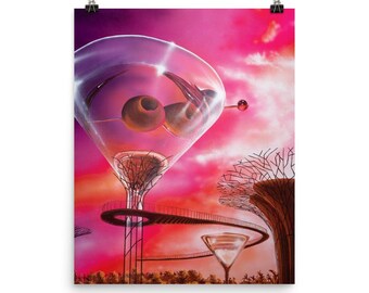 May include: A vibrant art print featuring a surreal martini glass with olives, set against a pink and red sky. The artwork includes a winding walkway and stylized trees, creating a dreamlike landscape.