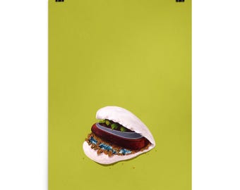 May include: A poster featuring a colorful illustration of a bao bun. The bun is white, with a dark red filling and green garnish. The bottom of the bun has a blue and brown filling. The background is a solid lime green.