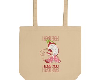 May include: A beige tote bag with a red and white fruit design and the text "I LOVE YOU" repeated four times.