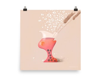 May include: A pink glass with a white rim and a swirling design is filled with a red liquid. White dots are scattered around the glass, as if it is sparkling.