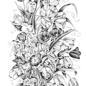Digital download, Printable pen and ink drawing, flowers, tulips, spring ornaments, artwork, botanical sketching, floral Illustration