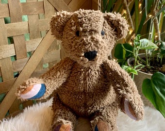 Handmade Organic Cotton Sherpa Teddy Bear - Naturally Dyed Brown Walnut Sustainable Keepsake Heirloom Woodland Nursery Patchwork Linen