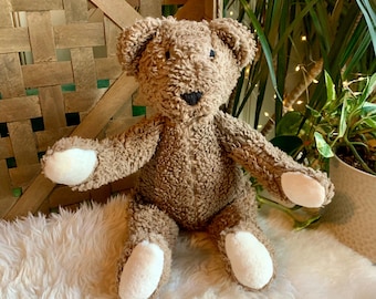 Handmade Organic Cotton Sherpa Teddy Bear - Naturally Brown Walnut Dyed Keepsake Heirloom Woodland Nursery