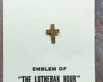 Vintage Cross Tie Tac Lapel Tack Pin Emblem of "The Lutheran Hour" On Original Card Tiny Gold Tone Christian Cross 1/4"