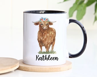 Personalized Highland Cow Mug, Cow Mug, Scottish Highland cow, Cow Lover Gift, Sunflower Mug