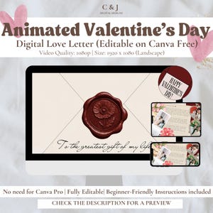 Op de afbeelding: Een digitale Valentijnsdag liefdesbrief weergegeven op een computermonitor en twee mobiele apparaten. De brief heeft een zegel met een bloemmotief en de tekst "To the greatest gift of my life". De woorden "Animated Valentine's Day" staan bovenaan.