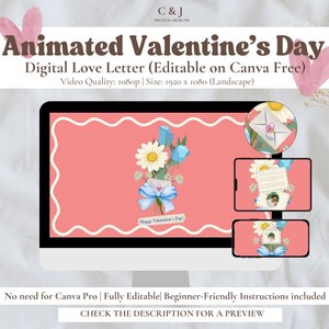 May include: A computer screen displays an animated Valentine's Day digital love letter. The design features a pink background with a bouquet of flowers and an envelope tied with a blue ribbon. Text includes "Animated Valentine's Day" and "Digital Love Letter".