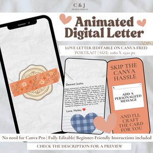 May include: An animated digital letter template featuring a smartphone display with a wax seal graphic, a sample love letter with a blue plaid heart, and a text box reading Skip the Canva Hassle, Add a Personalized Message, and I'll Craft the Card for You.