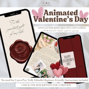 May include: Digital design for Valentine's Day. The image shows three devices displaying a love letter, with the text "To the greatest gift of my life" and "Happy Valentine's Day!". Includes the text "Animated Valentine's Day" and "Love Letter (Editable on Canva Free)".