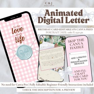 Pode incluir: Um modelo de cartão de aniversário de carta digital animado com fundo xadrez rosa e branco, um selo de cera azul claro com um laço e o texto To the love of my life. Inclui marcadores de posição para fotos e mensagens personalizadas.