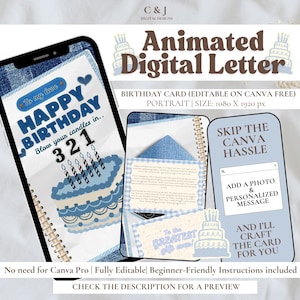 May include: An animated digital birthday card template featuring blue text and cake graphics. The design includes the phrases To my love, Happy Birthday, Blow your candles in 3 2 1, and Skip the Canva hassle. The layout is 1080 x 1920 px in size.