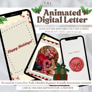 May include: An animated digital letter design with the text "Happy Holidays!" displayed on three smartphones. The design includes holly and berry accents, a photo of a couple, and gift boxes. The text "Animated Digital Letter" is at the top.