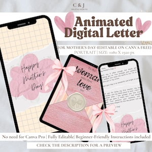 May include: Digital design for Mother's Day, featuring three smartphones displaying animated letters. The design includes pink accents, ribbons, and the text "Happy Mother's Day!" and "To the woman who first love me."