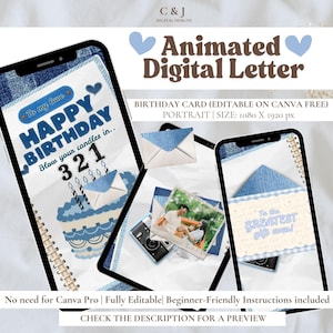 Puede incluir: Diseño de tarjeta de cumpleaños digital animada, mostrada en smartphones. La tarjeta tiene un esquema de color azul y blanco con los textos "Happy Birthday" y "To my love". Hay una tarta, velas y un sobre. El texto también menciona que es editable en Canva.