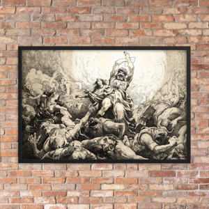 Pode incluir: Uma ilustração em preto e branco de uma cena da mitologia nórdica. Uma figura grande com um martelo levantado está sobre um grupo de figuras menores. A cena se passa contra um céu nublado.