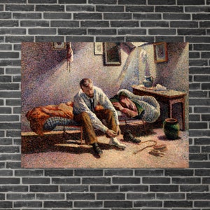 Könnte beinhalten: Ein pointillistisches Gemälde, das einen Mann in einem weißen Hemd und einer dunklen Hose zeigt, der auf einem Bett sitzt und seinen Schuh bindet. Eine weitere Person liegt auf dem Bett, bedeckt mit einer Decke. Der Raum ist spärlich eingerichtet mit einem kleinen Tisch und einem Stuhl.