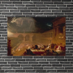 May include: A painting depicting a large gathering of people in a grand hall. The scene is illuminated by a soft, golden light, and the figures are dressed in elaborate clothing. The painting is set against a backdrop of a dark, stormy sky.