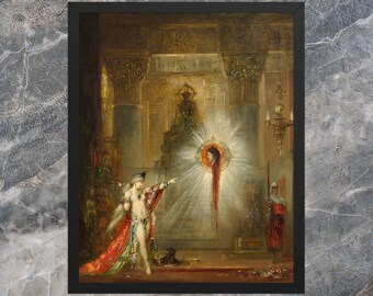 May include: Framed print of a painting depicting a woman in a crown and red robe pointing towards a glowing head. The artwork is set in a grand, ornate interior with a figure in red armor.