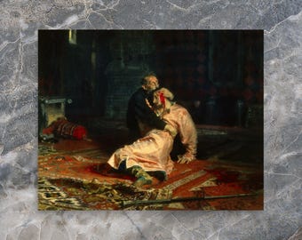 May include: A painting depicting a scene of a man lying on the floor, with another man kneeling beside him. The man on the floor is wearing a white and gold robe, and the man kneeling beside him is wearing a dark robe. The scene is set in a room with a dark wooden floor and a rug with a red and gold pattern.