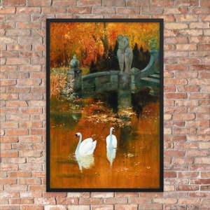 Cisnes en un parque en otoño de Hans Rudolf Schulze - Impresión enmarcada de Hans Rudolf Schulze - Cisnes enmarcados en un parque en otoño Impresión
