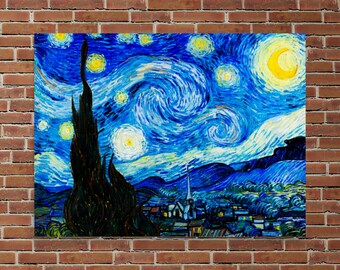 May include: A painting of a starry night sky with a swirling blue and white sky, a dark green tree, and a small village in the distance.