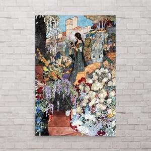 May include: A framed art print of a woman in a garden. The artwork features a woman in a long green dress, surrounded by colorful flowers, with a castle in the background. The style is reminiscent of classic illustrations.