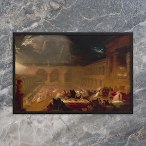 May include: A painting depicting a large gathering of people in a grand hall. The scene is illuminated by a soft, golden light, and the figures are dressed in elaborate clothing. The painting is set against a backdrop of a stormy sky, with clouds swirling overhead.