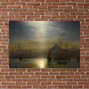 May include: A canvas print of a nighttime cityscape with a body of water reflecting a bright light. Silhouetted buildings and boats are visible against a cloudy sky with stars. The artwork is mounted on a brick wall.